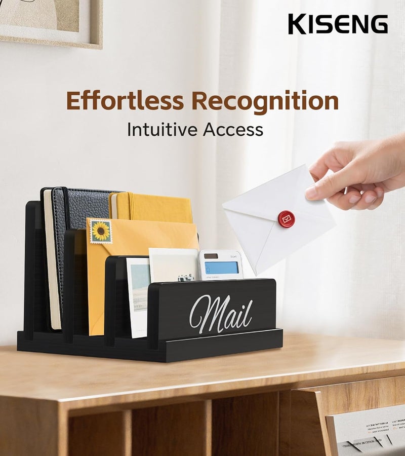 KISENG Mail Organizer for Desk,Wooden Mail Holder with Divider, 3-Slot Letter Sorter File Holder,Vertical Bill Organizer for Desktop Document/Notebook/Filing/Folders/Paper - Image 2